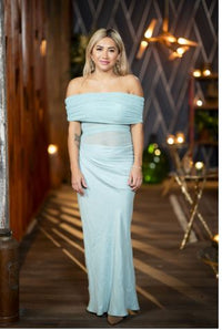 Hire BENNI Nico Off Shoulder Maxi Dress in Aquamarine Baby Blue