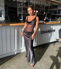 CHRISTOPHER ESBER Sheer Torso Cowl Silk Satin Gown in Charcoal Black