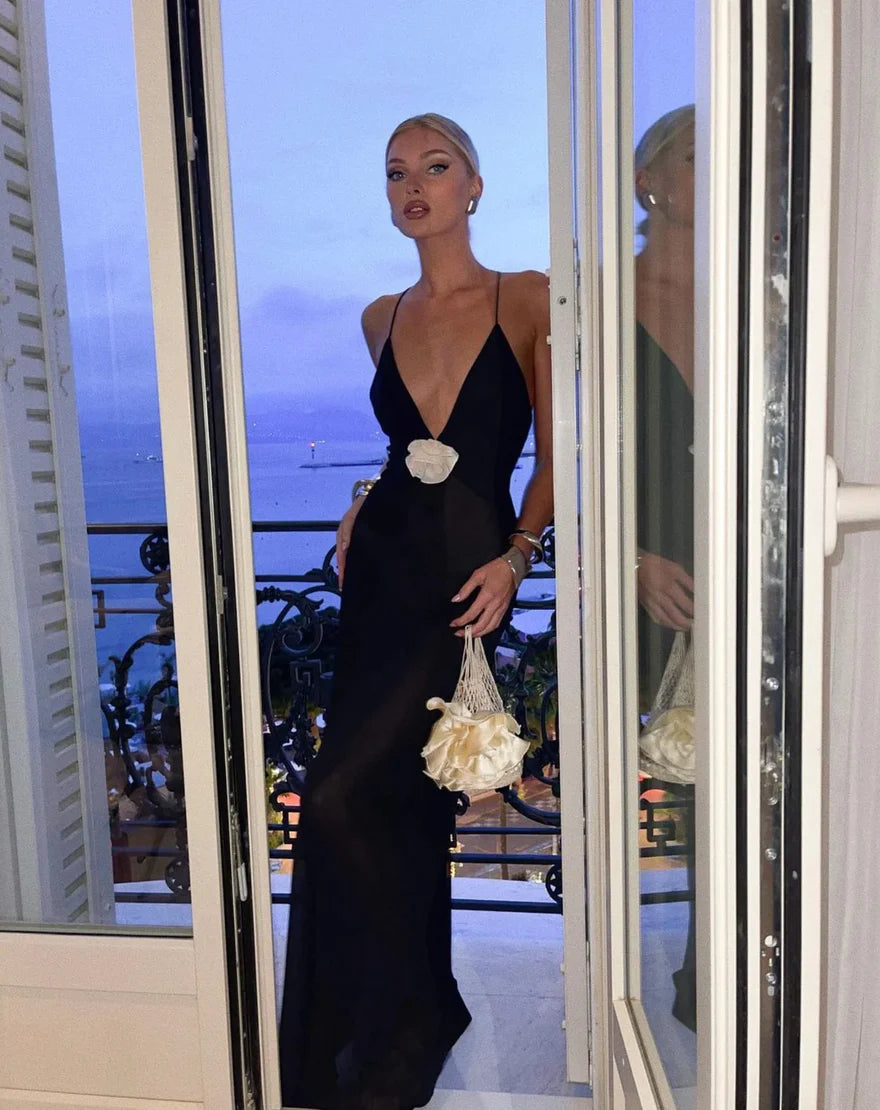 Hire HELSA STUDIO Sheer Deep V Long Slip Dress in Black