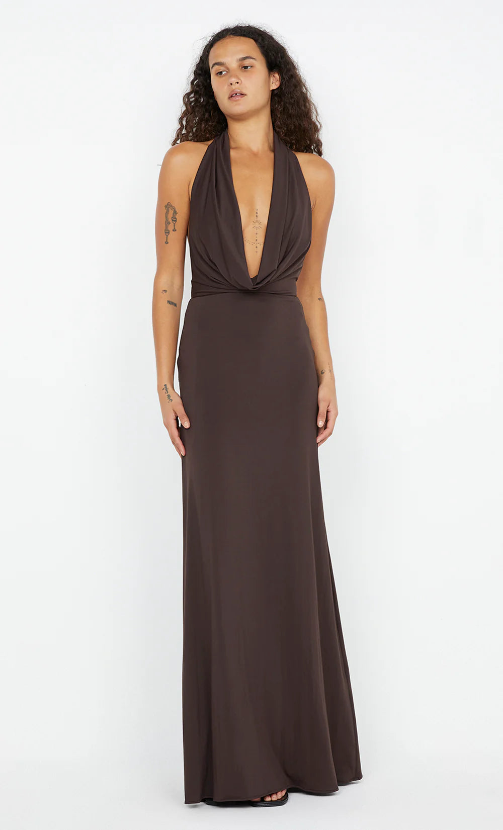 Hire BEC+BRIDGE Nessie Cowl Neck Maxi Dress in Dark Chocolate