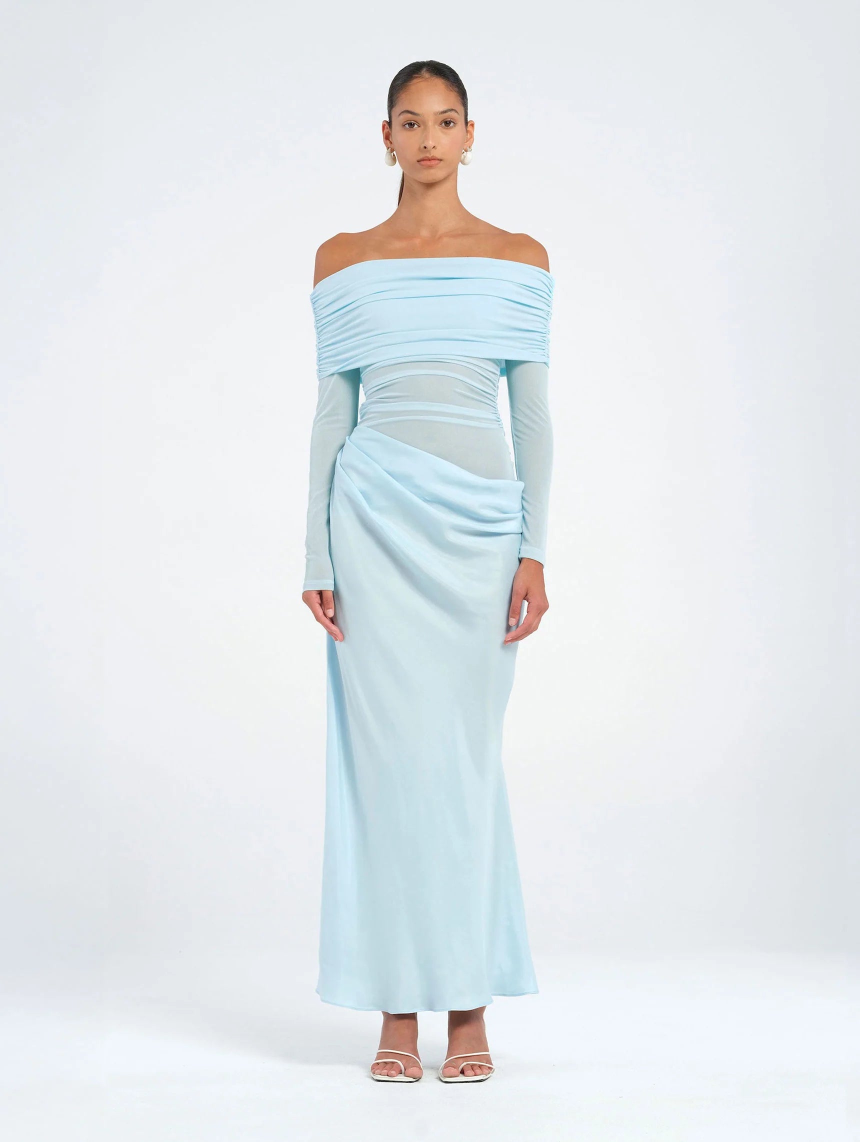 Hire BENNI Yasmin Off Shoulder Maxi Dress in Baby Blue