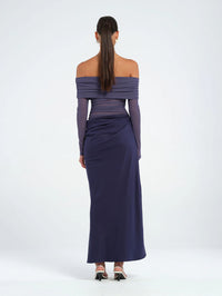 Hire BENNI Yasmin Off Shoulder Maxi Dress in Navy Blue