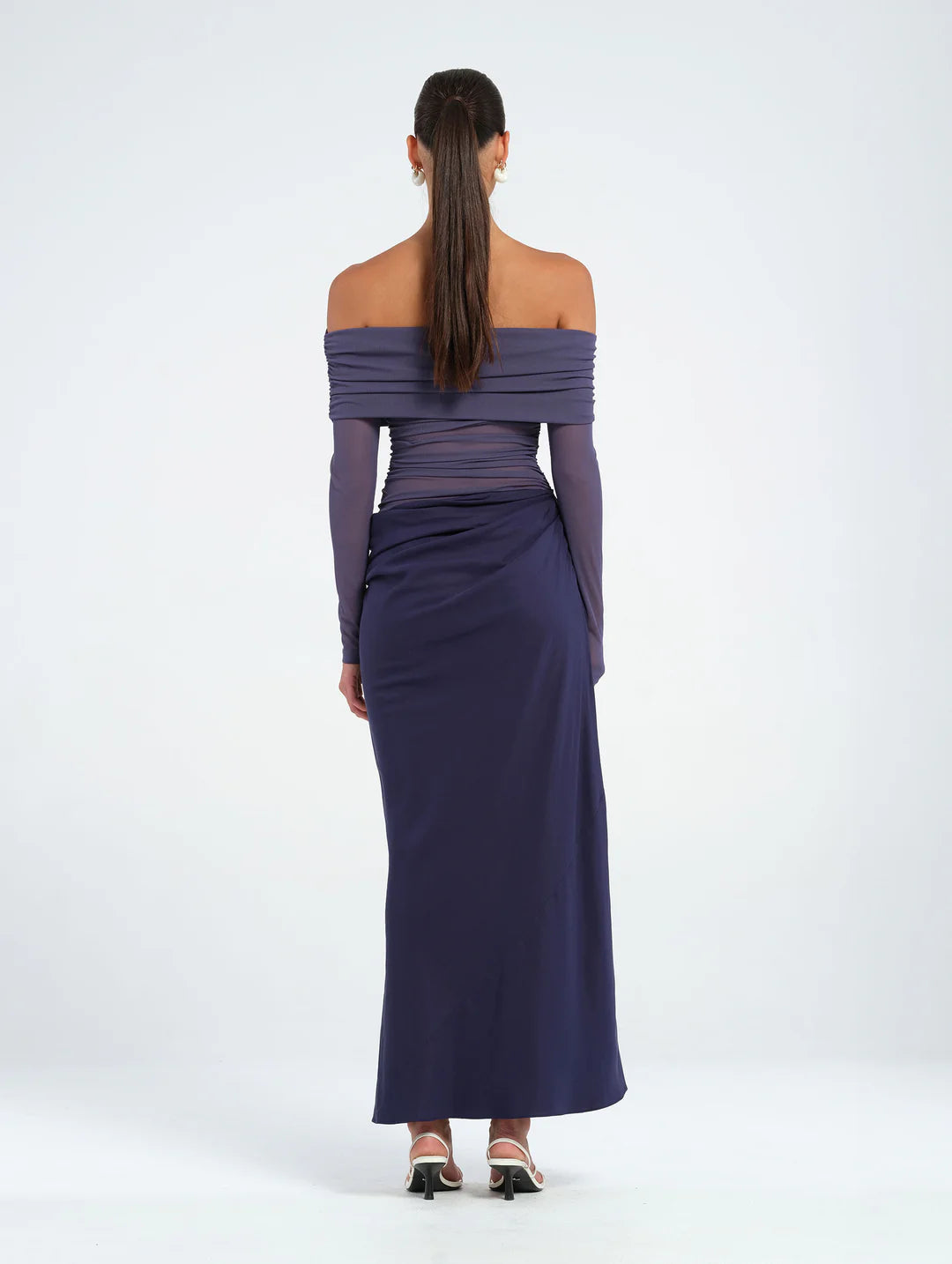 Hire BENNI Yasmin Off Shoulder Maxi Dress in Navy Blue