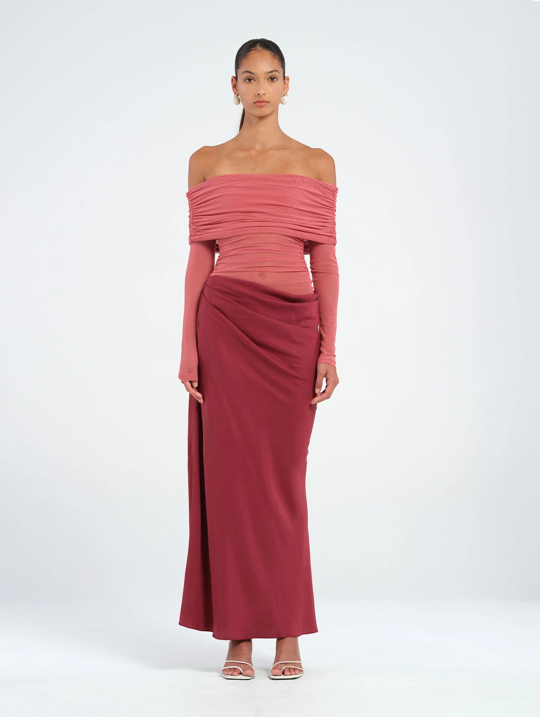 Hire BENNI Yasmin Off Shoulder Maxi Dress in Redwood