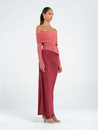 Hire BENNI Yasmin Off Shoulder Maxi Dress in Redwood