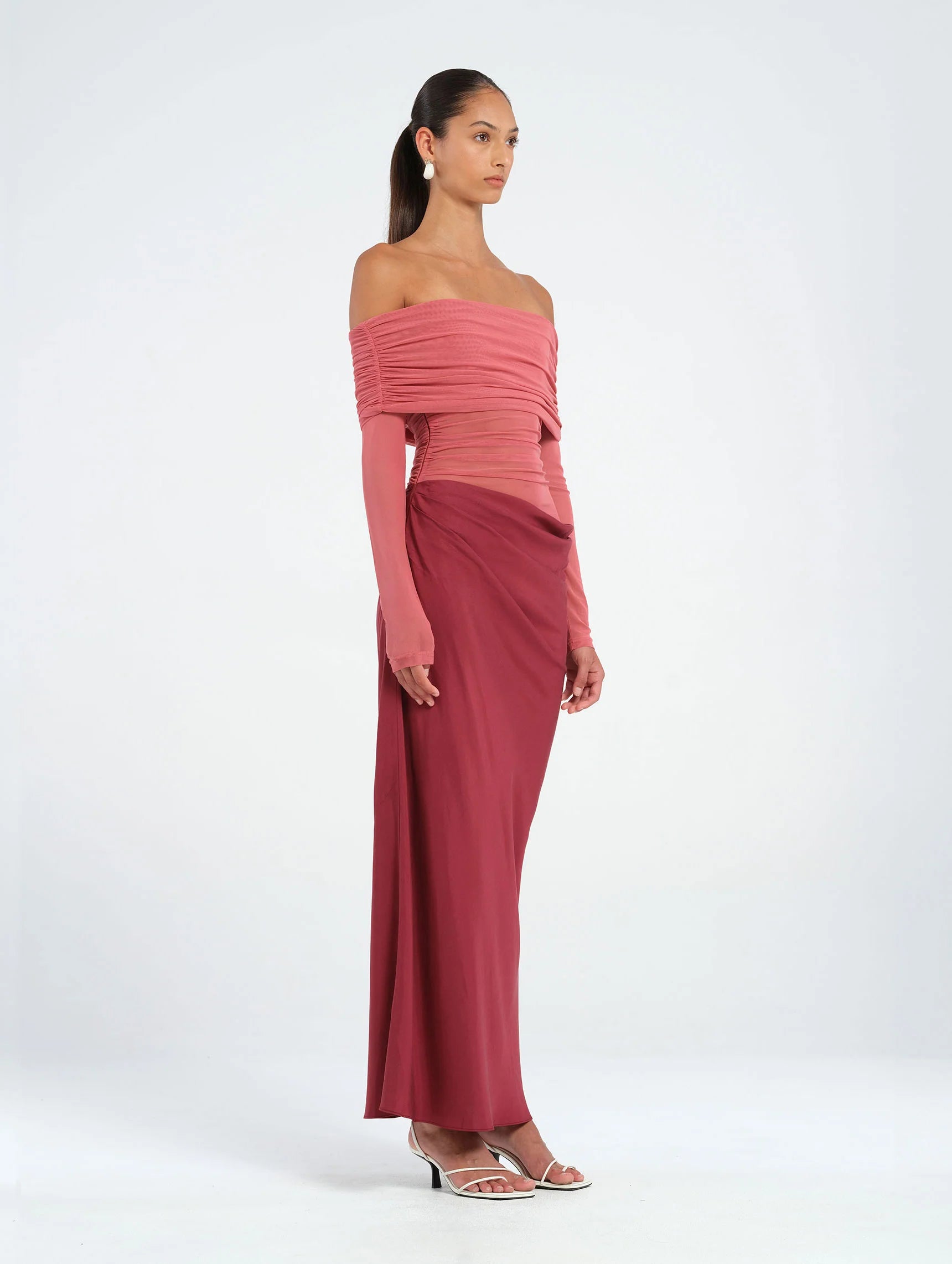 Hire BENNI Yasmin Off Shoulder Maxi Dress in Redwood