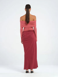 Hire BENNI Yasmin Off Shoulder Maxi Dress in Redwood