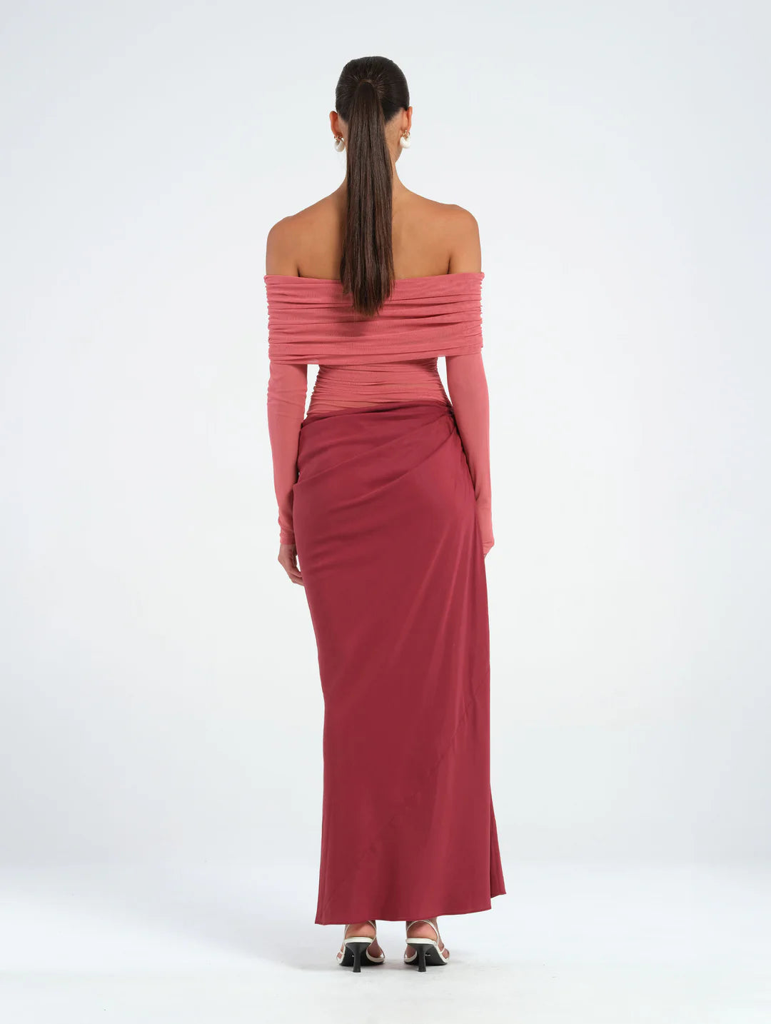 Hire BENNI Yasmin Off Shoulder Maxi Dress in Redwood