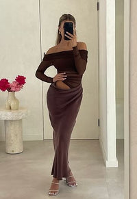 Hire BENNI Yasmin Off Shoulder Maxi Dress in Chocolate Brown