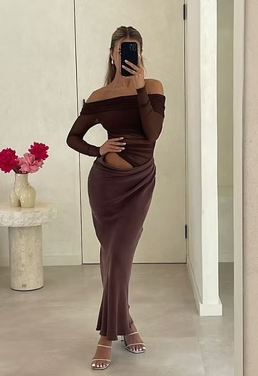 Hire BENNI Yasmin Off Shoulder Maxi Dress in Chocolate Brown