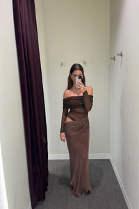 Hire BENNI Yasmin Off Shoulder Maxi Dress in Chocolate Brown