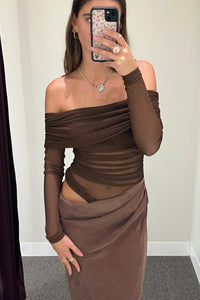 Hire BENNI Yasmin Off Shoulder Maxi Dress in Chocolate Brown