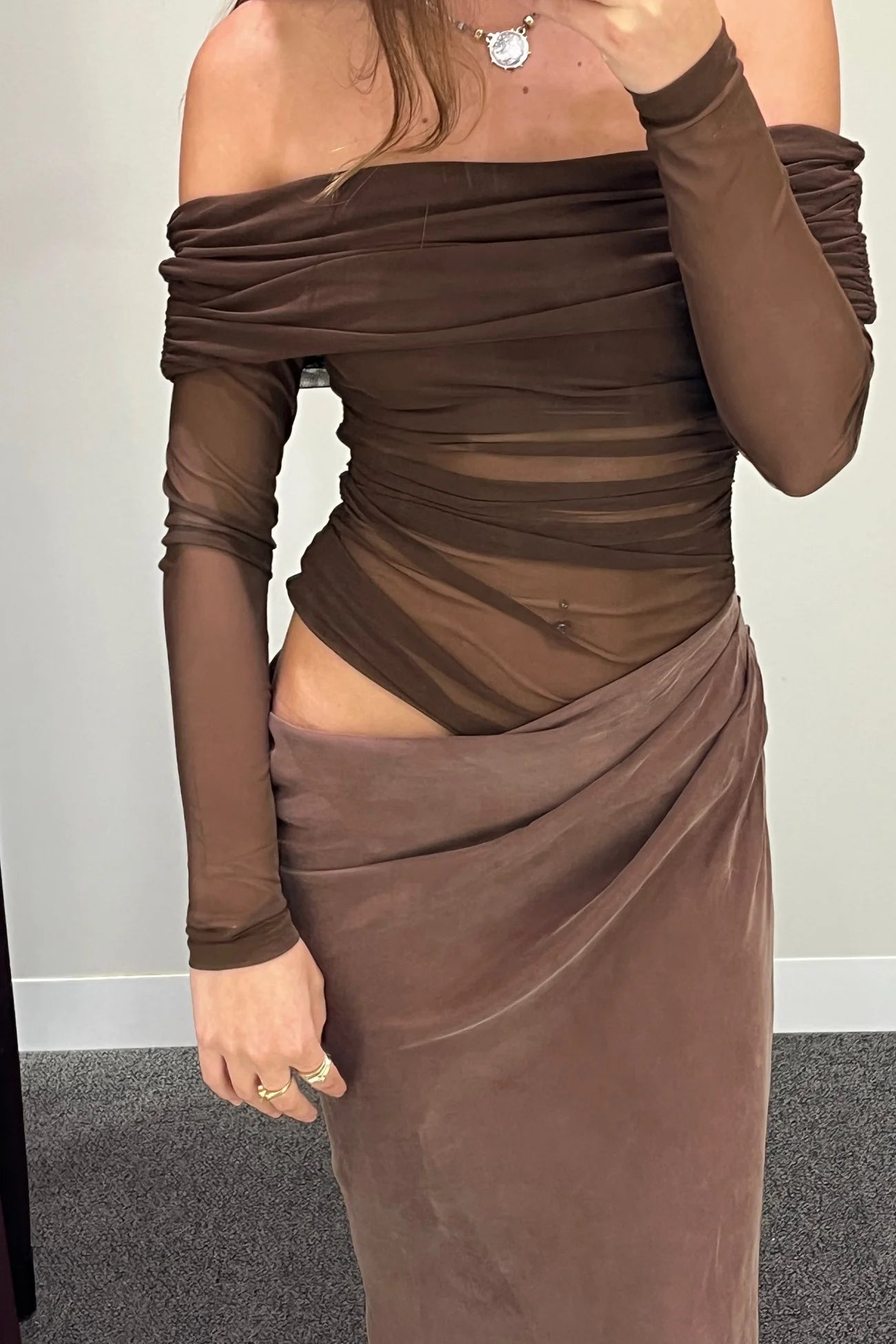 Hire BENNI Yasmin Off Shoulder Maxi Dress in Chocolate Brown