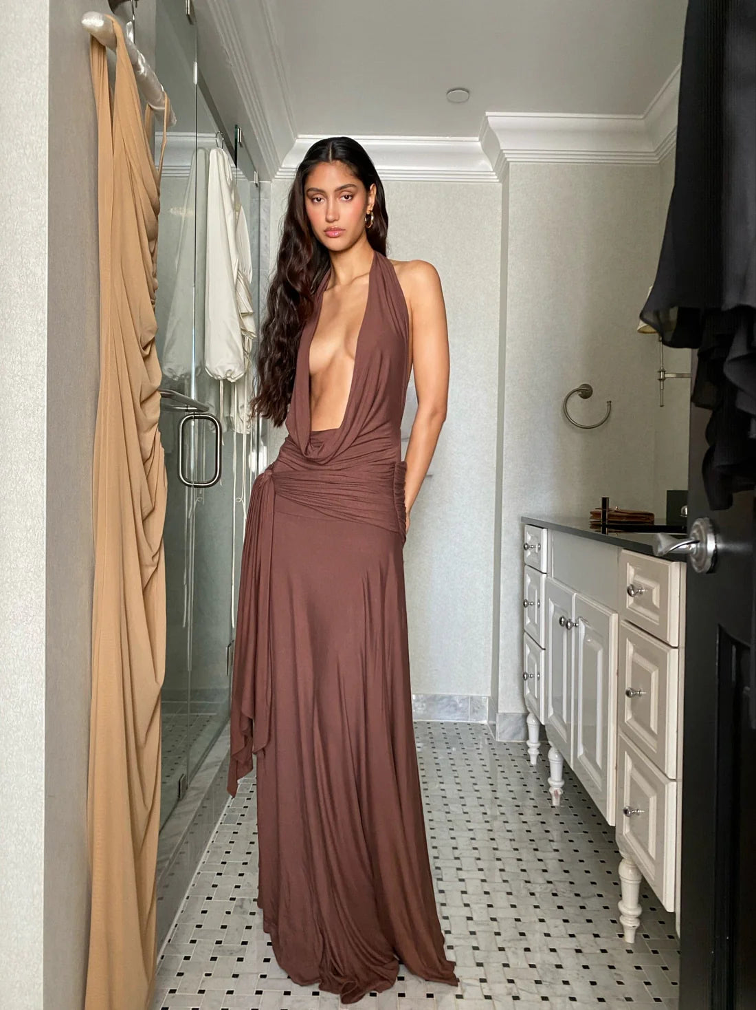 Hire CHERIE ATTIRE Evelyn Halter Maxi Dress in Brown