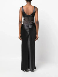 CHRISTOPHER ESBER Sheer Torso Cowl Silk Satin Gown in Charcoal Black