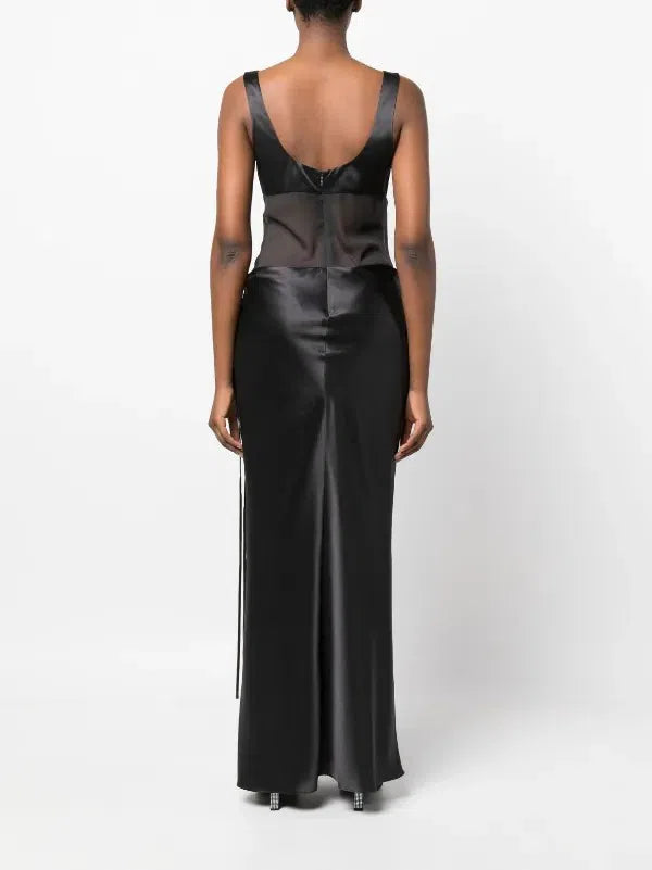 CHRISTOPHER ESBER Sheer Torso Cowl Silk Satin Gown in Charcoal Black
