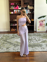 Hire DECONDUARTE Paradiso Mesh Maxi Dress in Lilac