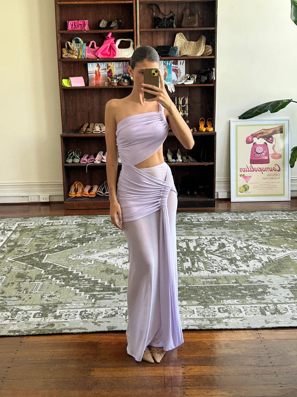 Hire DECONDUARTE Paradiso Mesh Maxi Dress in Lilac