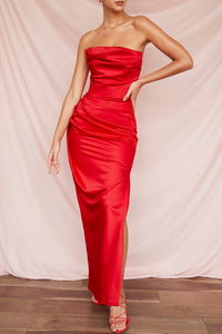 Hire HOUSE OF CB Adrienne Satin Strapless Gown in Scarlet Red