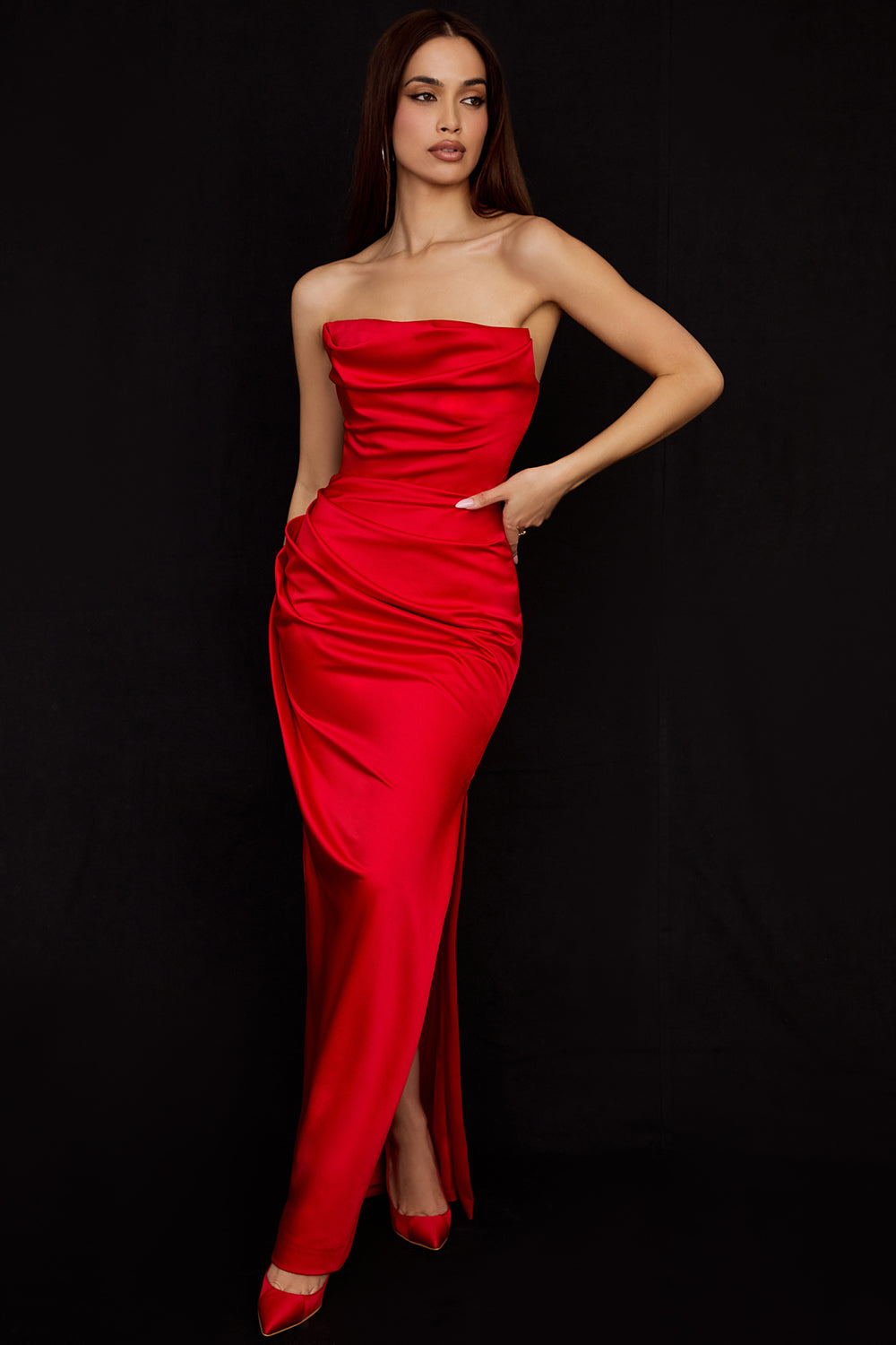 Hire HOUSE OF CB Adrienne Satin Strapless Gown in Scarlet Red