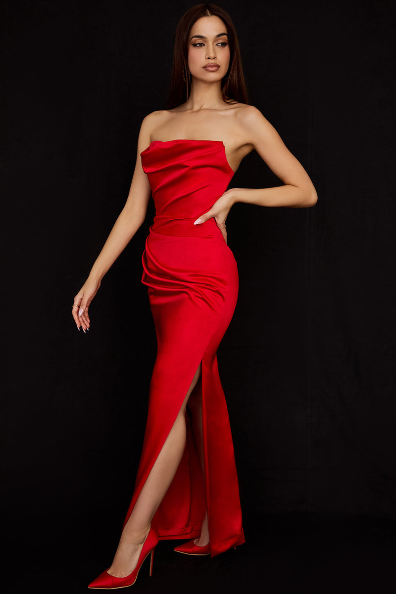 Hire HOUSE OF CB Adrienne Satin Strapless Gown in Scarlet Red