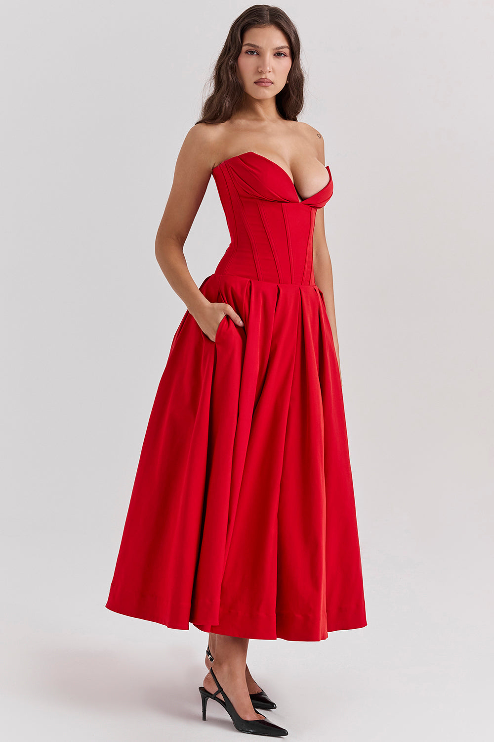 Hire HOUSE OF CB Lady Strapless Midi Dress in Scarlet Red