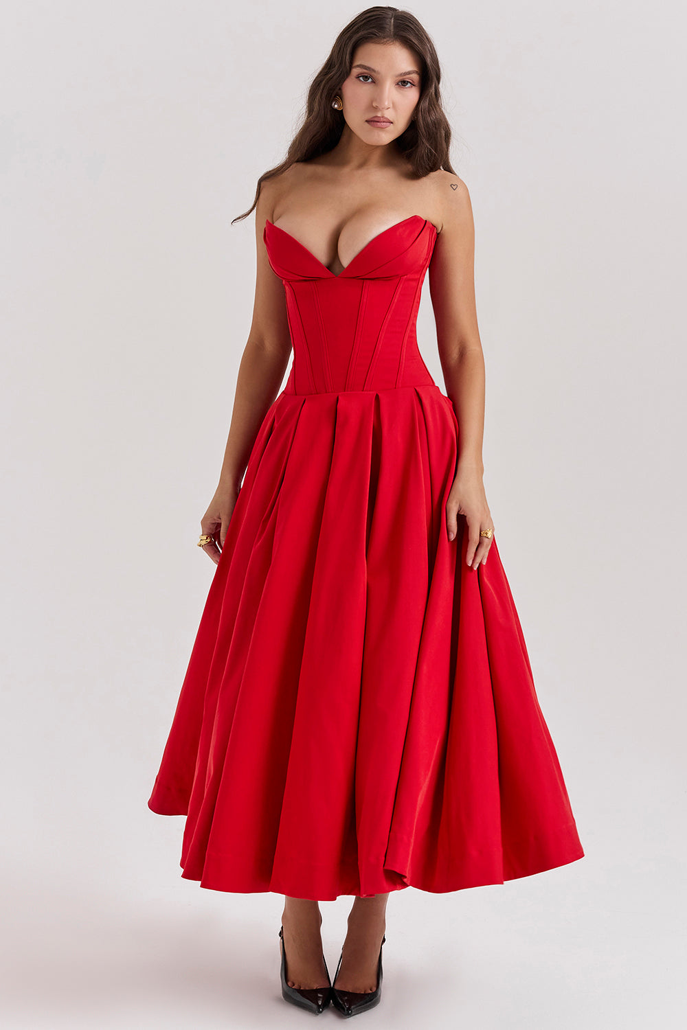 Hire HOUSE OF CB Lady Strapless Midi Dress in Scarlet Red