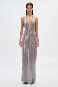 Hire MISHA Alusia Sequin Maxi Dress in Pewter Silver