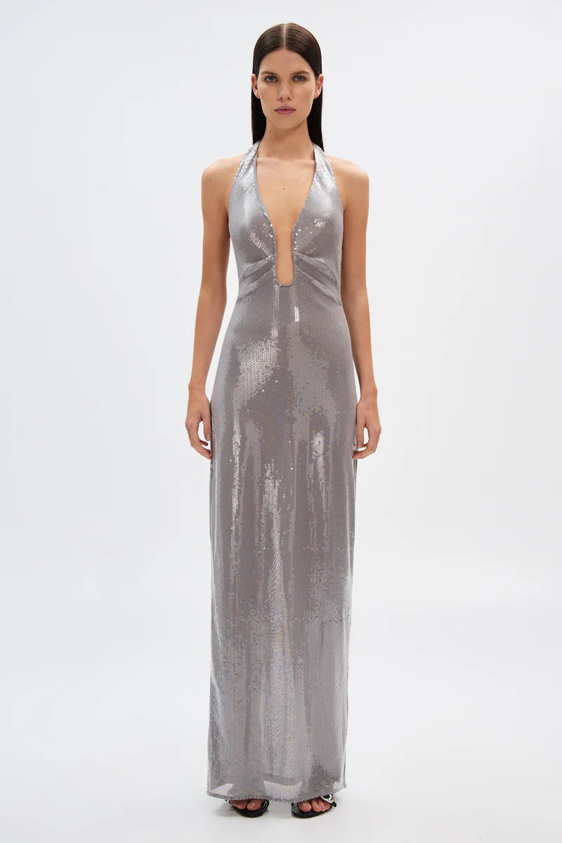 Hire MISHA Alusia Sequin Maxi Dress in Pewter Silver