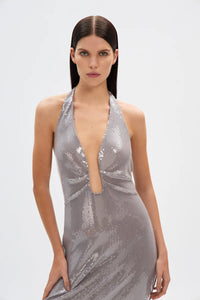 Hire MISHA Alusia Sequin Maxi Dress in Pewter Silver