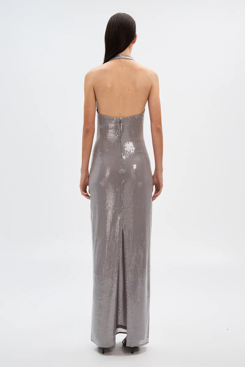 Hire MISHA Alusia Sequin Maxi Dress in Pewter Silver