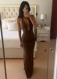 Hire MISHA Alusia Stretch Twill Maxi Dress in Mink Brown
