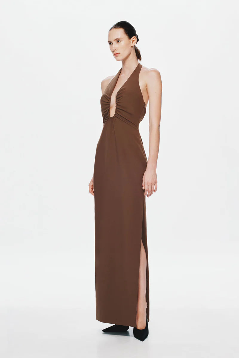 Hire MISHA Alusia Stretch Twill Maxi Dress in Mink Brown