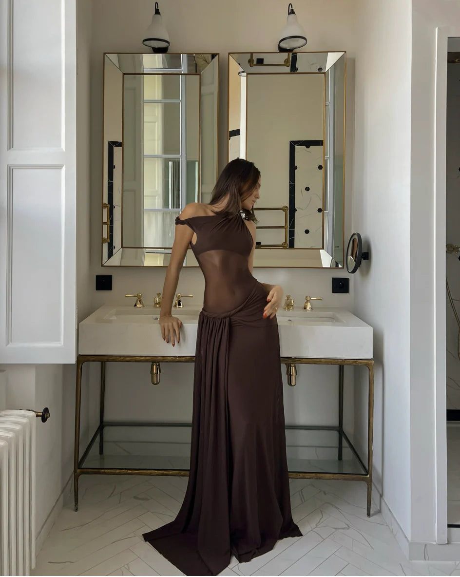 Hire MISHA Sisal Mesh Dress in Espresso Brown