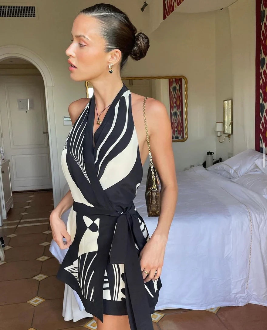 Hire SIR THE LABEL Realisme Wrap Halter Mini Dress in Papier Print