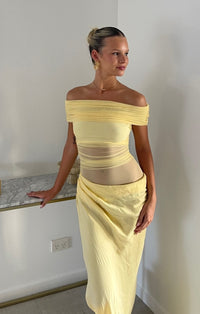 Hire BENNI Nico Off Shoulder Maxi Dress in Butter Yellow