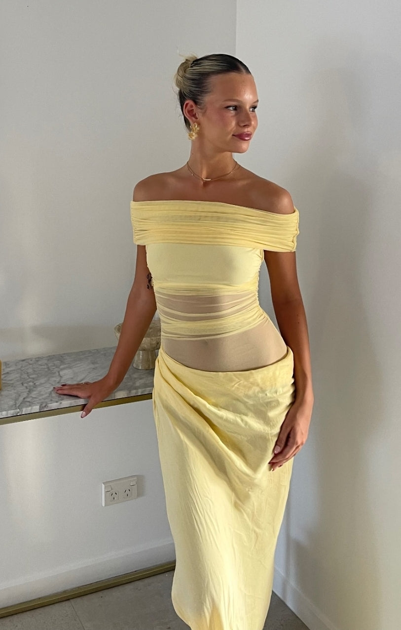 Hire BENNI Nico Off Shoulder Maxi Dress in Butter Yellow