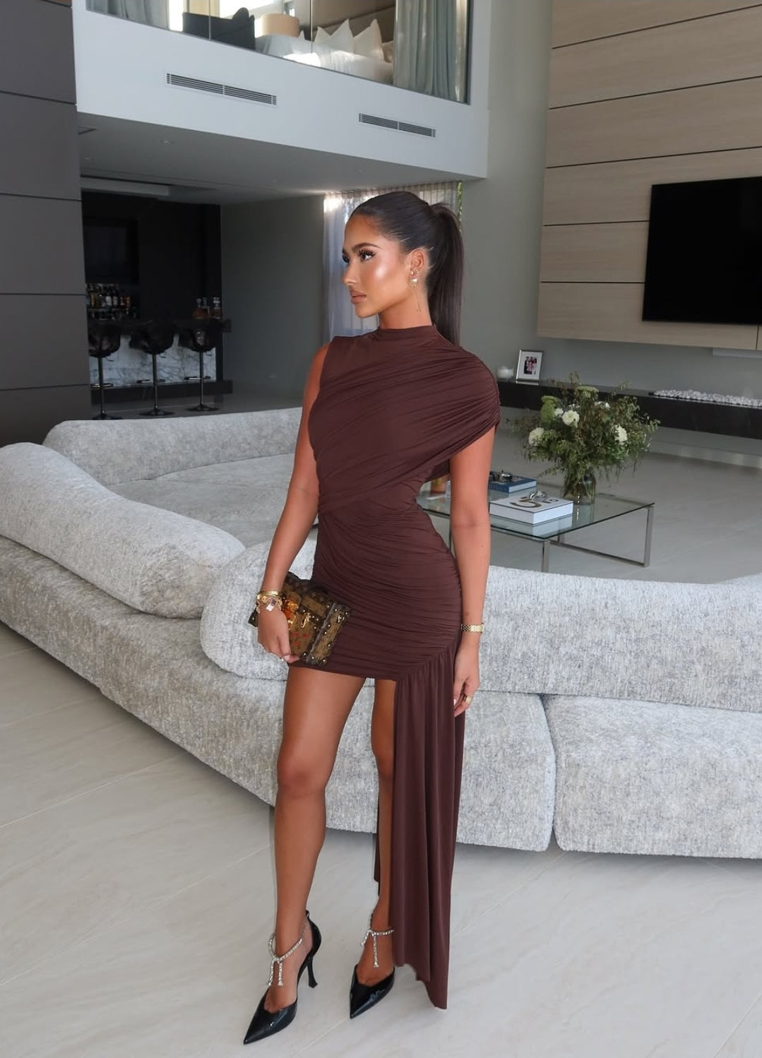 Hire DE LA VALI Ravenna Mini Dress in Chocolate Brown Jersey