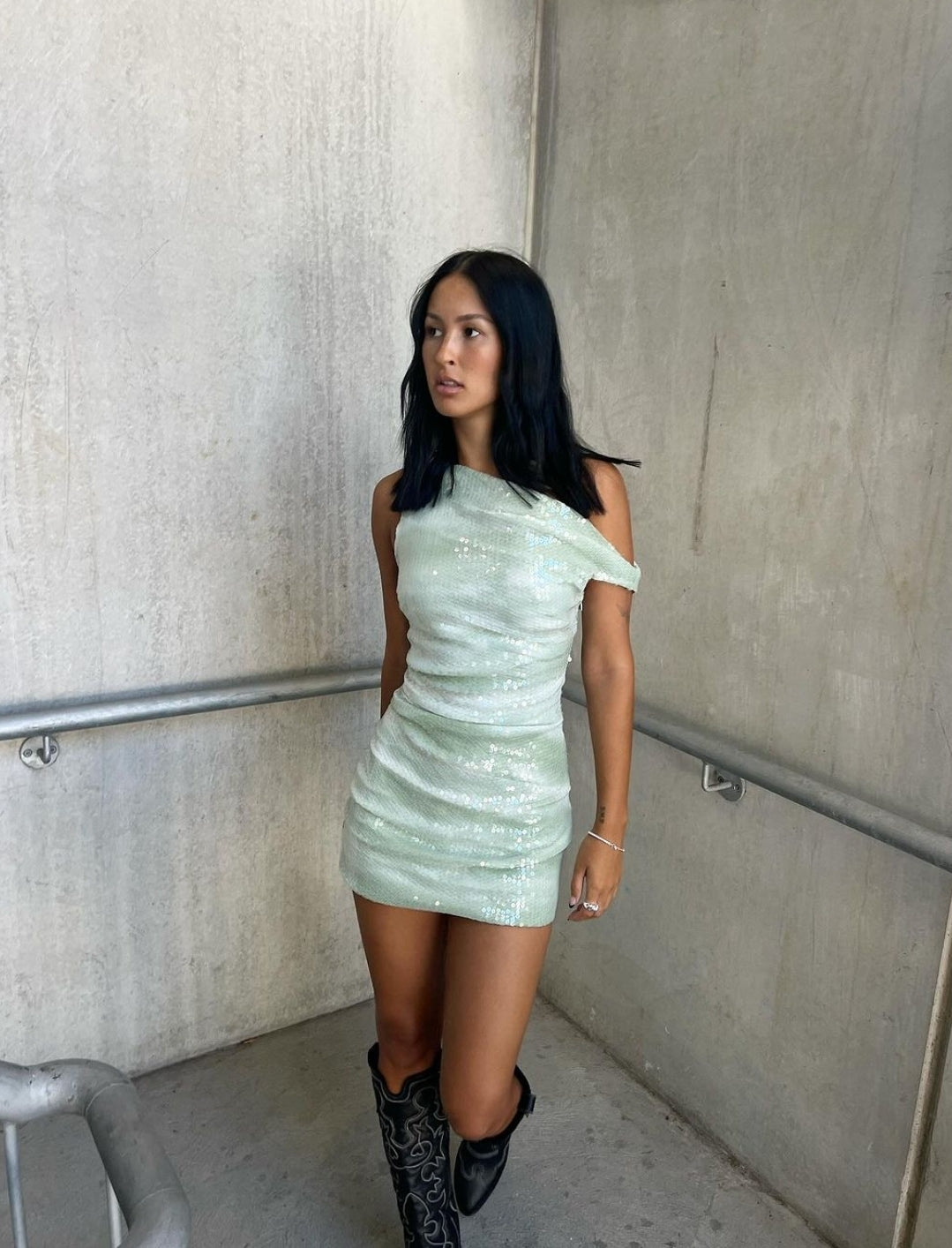 Hire BEC+BRIDGE Brydie Asym Mini Dress in Mint Ombre