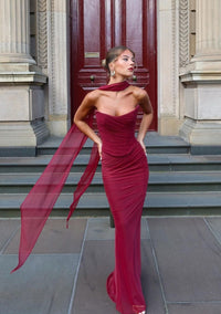 Hire HOUSE OF CB Set Cassidy Maxi Skirt and Hallie Corset Top in Cabernet Red