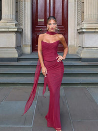 Hire HOUSE OF CB Set Cassidy Maxi Skirt and Hallie Corset Top in Cabernet Red