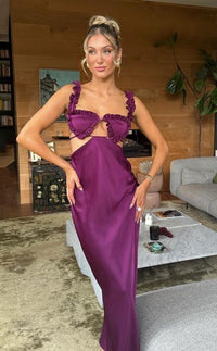 Hire THE ATTICO Amber Ruffled Cutout Duchesse Satin Midi Dress in Plum