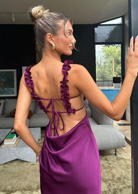 Hire THE ATTICO Amber Ruffled Cutout Duchesse Satin Midi Dress in Plum