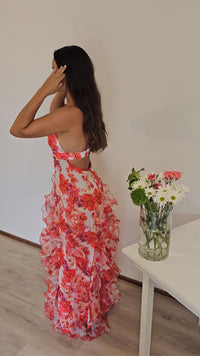 Hire MENTI SANTORINI Iris Flower Dress in Red Sheer Floral Chiffon