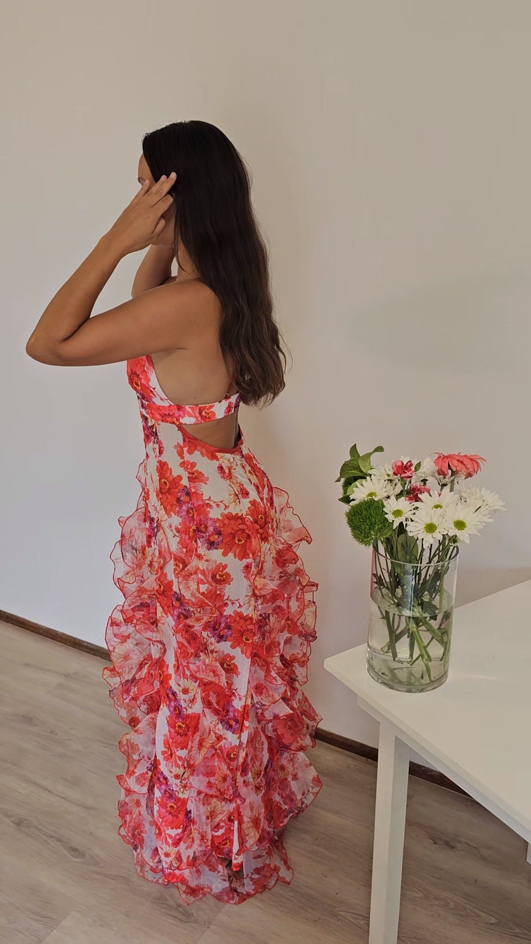 Hire MENTI SANTORINI Iris Flower Dress in Red Sheer Floral Chiffon