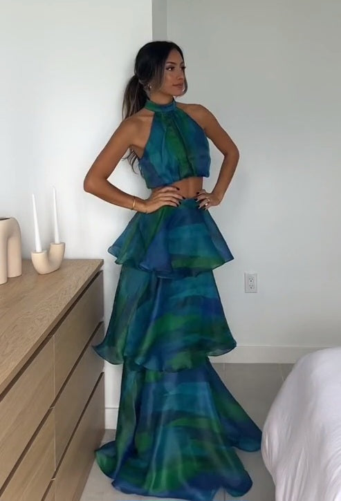 Hire Yaura Faari Set Maxi Skirt and Crop Top in Aquarelle Blue Print