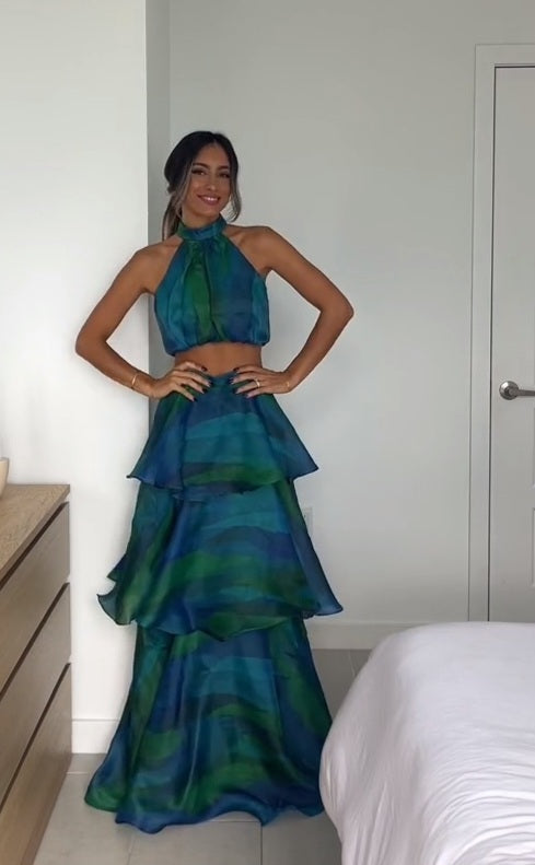 Hire Yaura Faari Set Maxi Skirt and Crop Top in Aquarelle Blue Print