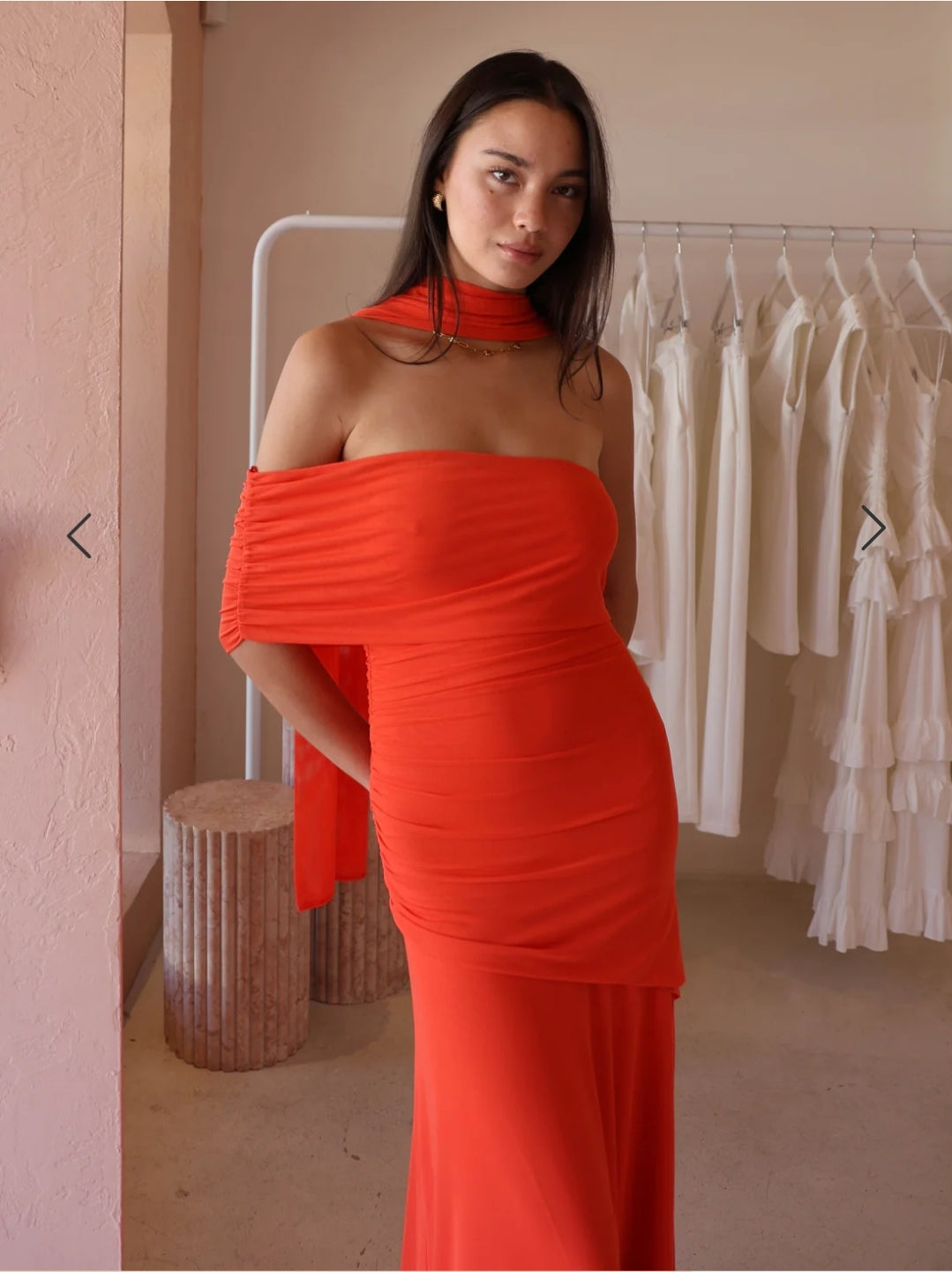 Hire BY NICOLA Fiesta Off Shoulder Dress in Fiesta Orange