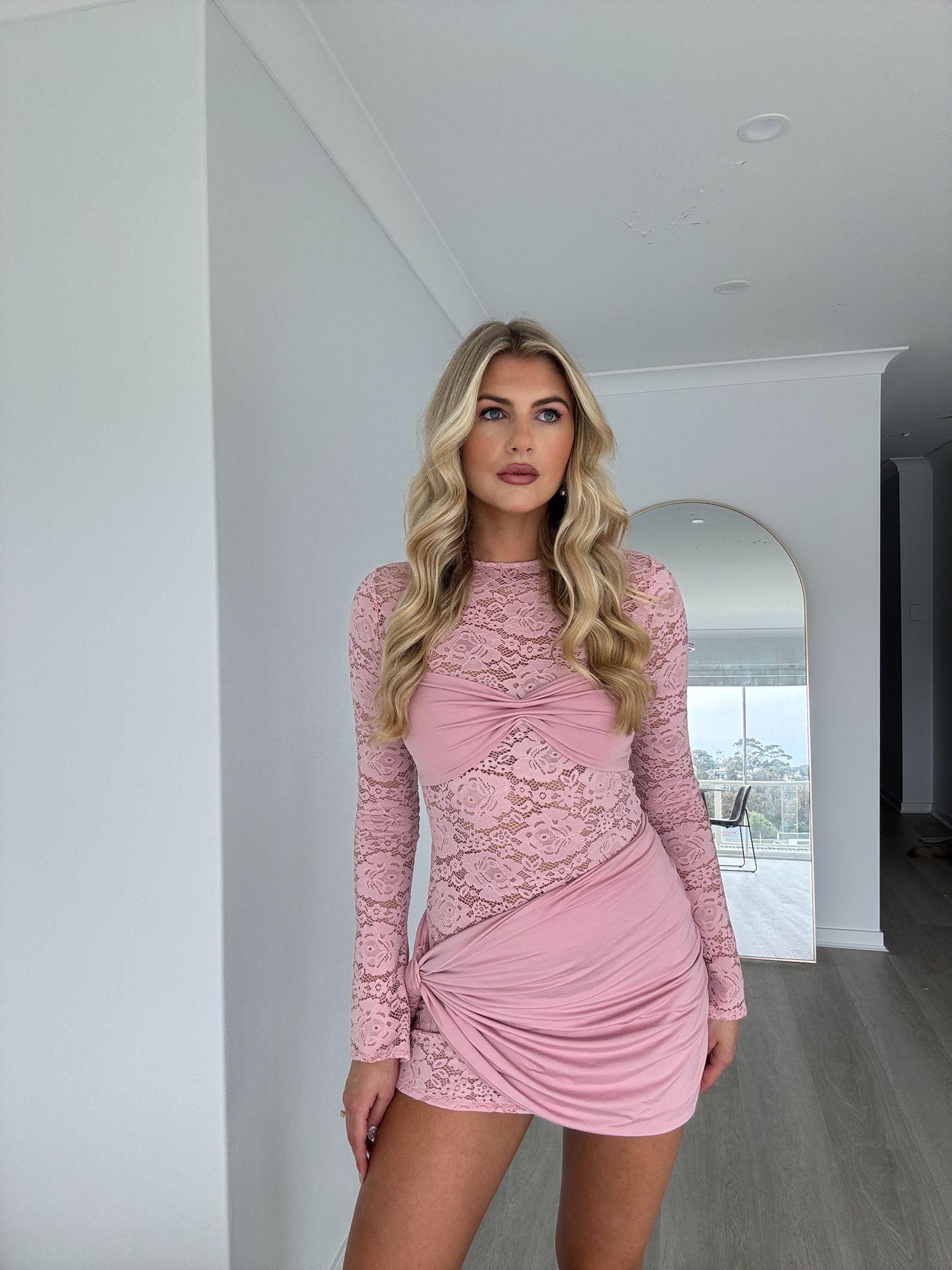 Hire DECONDUARTE Ortigia Lace Mini Dress in Dusty Pink