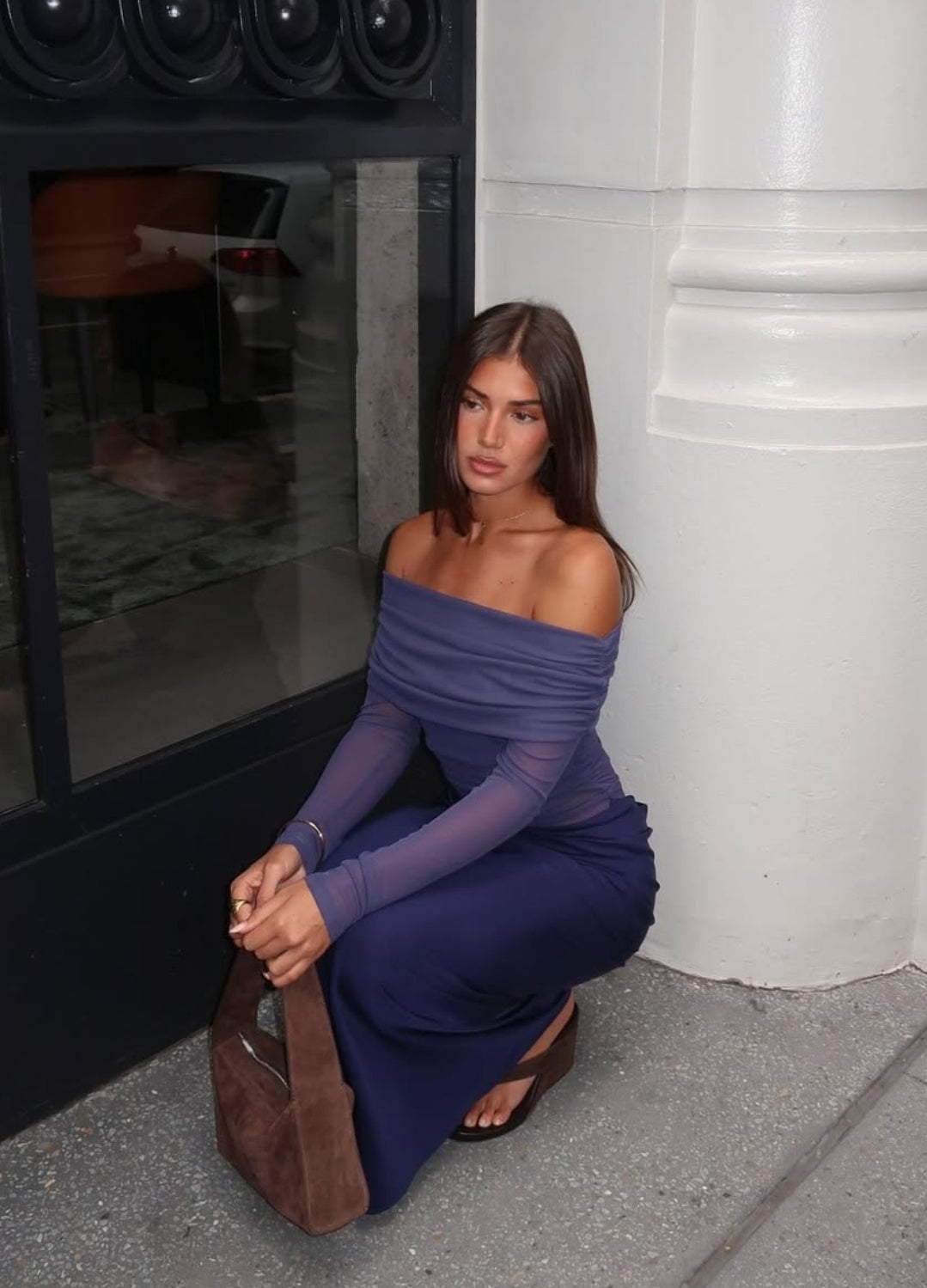 Hire BENNI Yasmin Off Shoulder Maxi Dress in Navy Blue